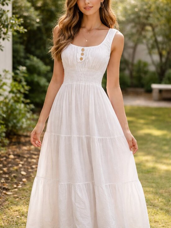 Dresses & Skirts - Boho XL White Embroidered Cotton Peasant Tiered Maxi Dress Smocked Stretch Waist